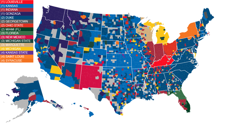 Illustration for article titled Facebook Data Give Us The Best Fandom Map of the NCAA Tournament